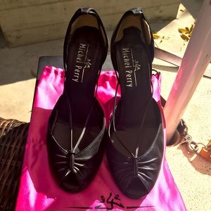 Michel Perry black leather strappy stilettos